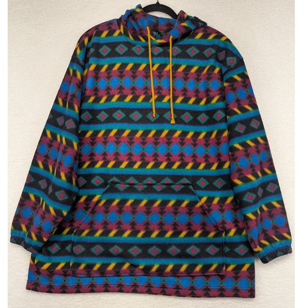 Santana Vintage‎ Aztec Fleece Pullover Hoodie Sweatshirt Large Retro